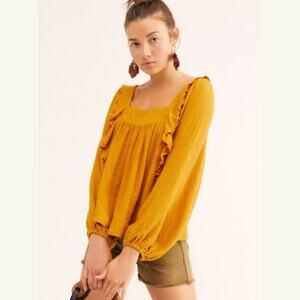 FREE PEOPLE Bonnie Ruffle Long Sleeve Peasant Top In Marigold Relaxed Fall Sz XS